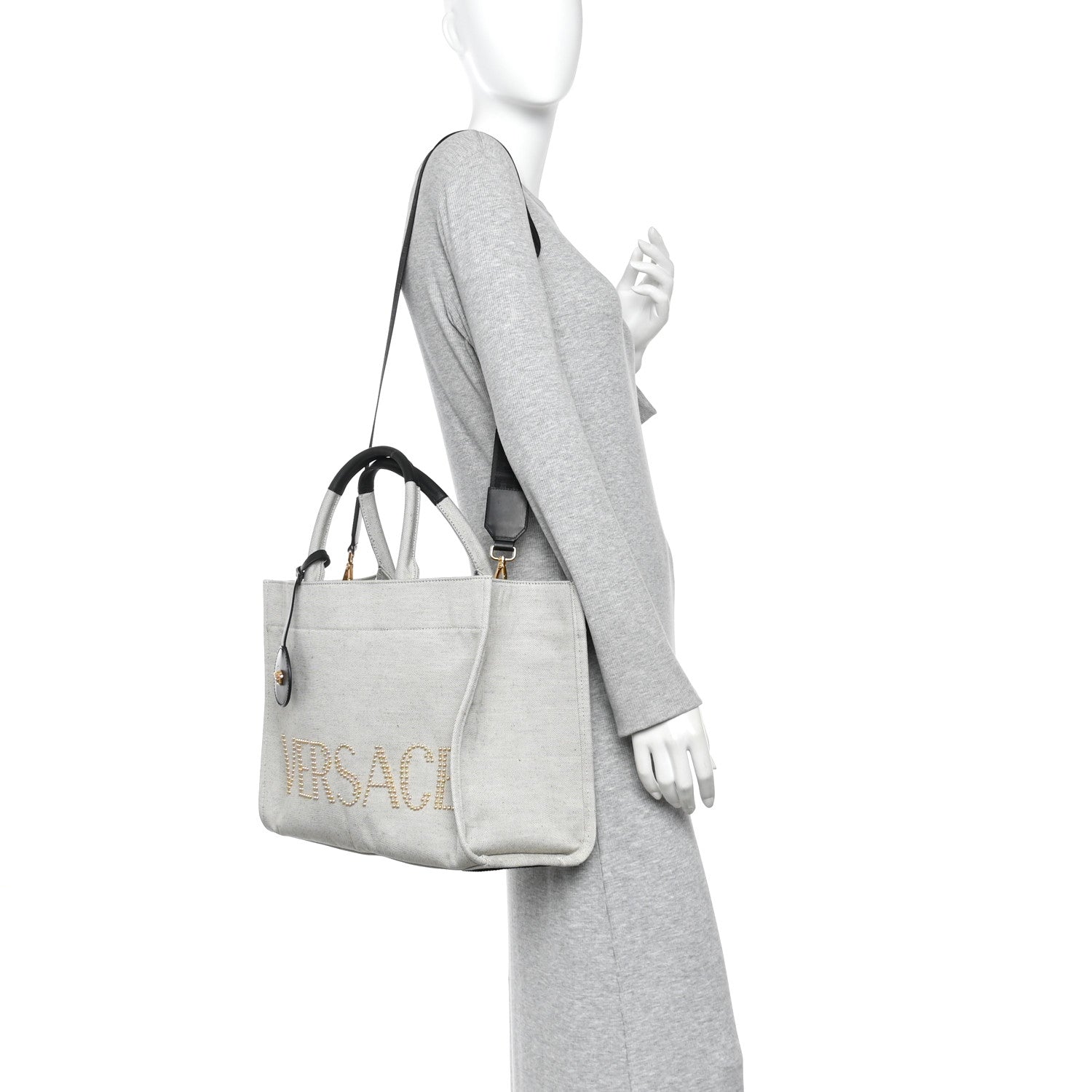 Canvas Calfskin Studded Large Logo Tote Bag Ecru Black