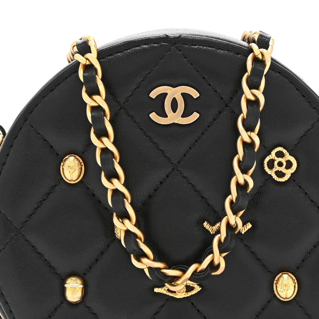 Lambskin Quilted Egyptian Amulet Round Clutch With Chain  Black