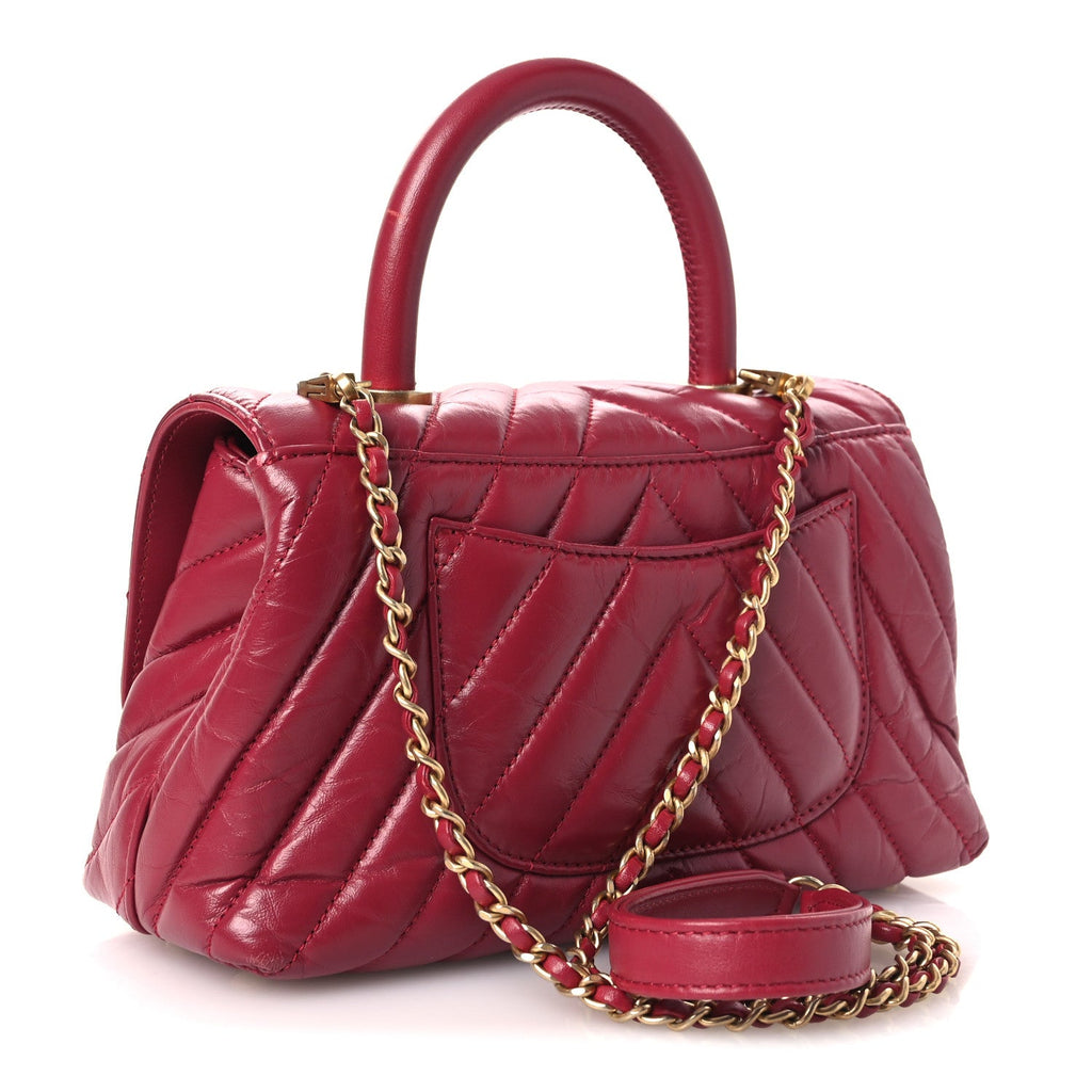 Aged Calfskin Chevron Quilted Mini Coco Handle Flap Dark Pink