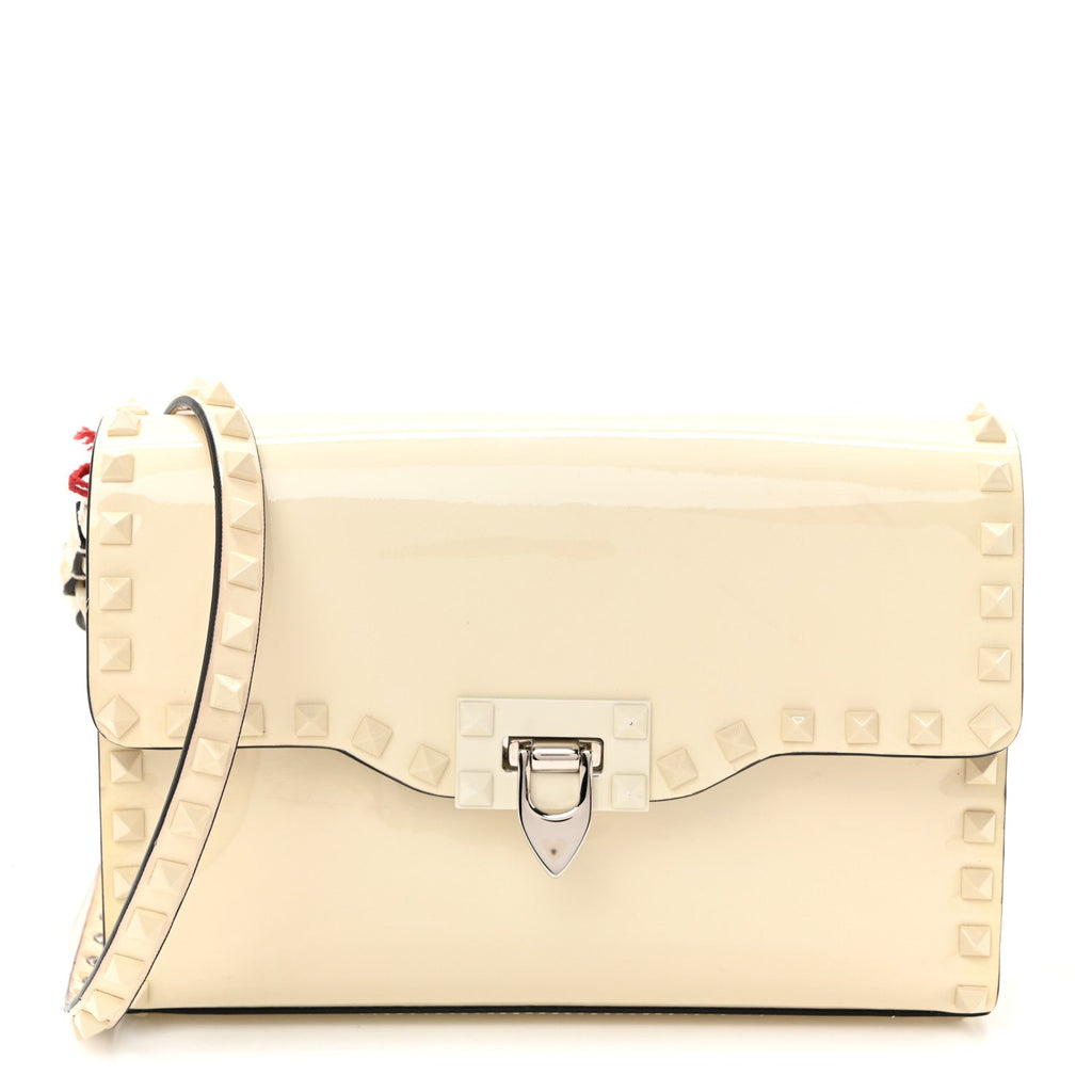 Patent Monochrome Medium Rockstud Flip Lock Crossbody Bag Light Ivory