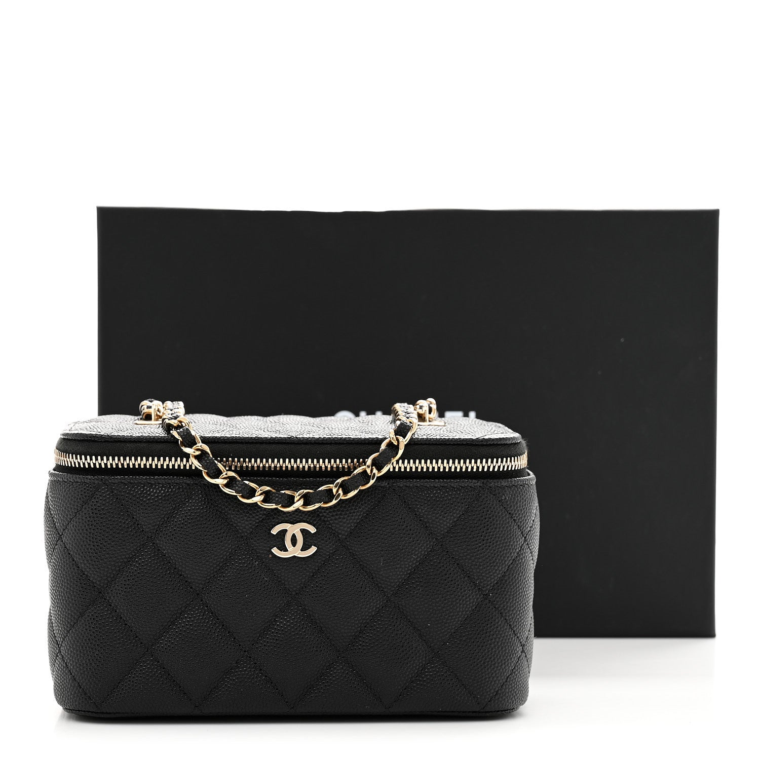 Caviar Quilted Small Tiny CC Vanity Case With Chain Black