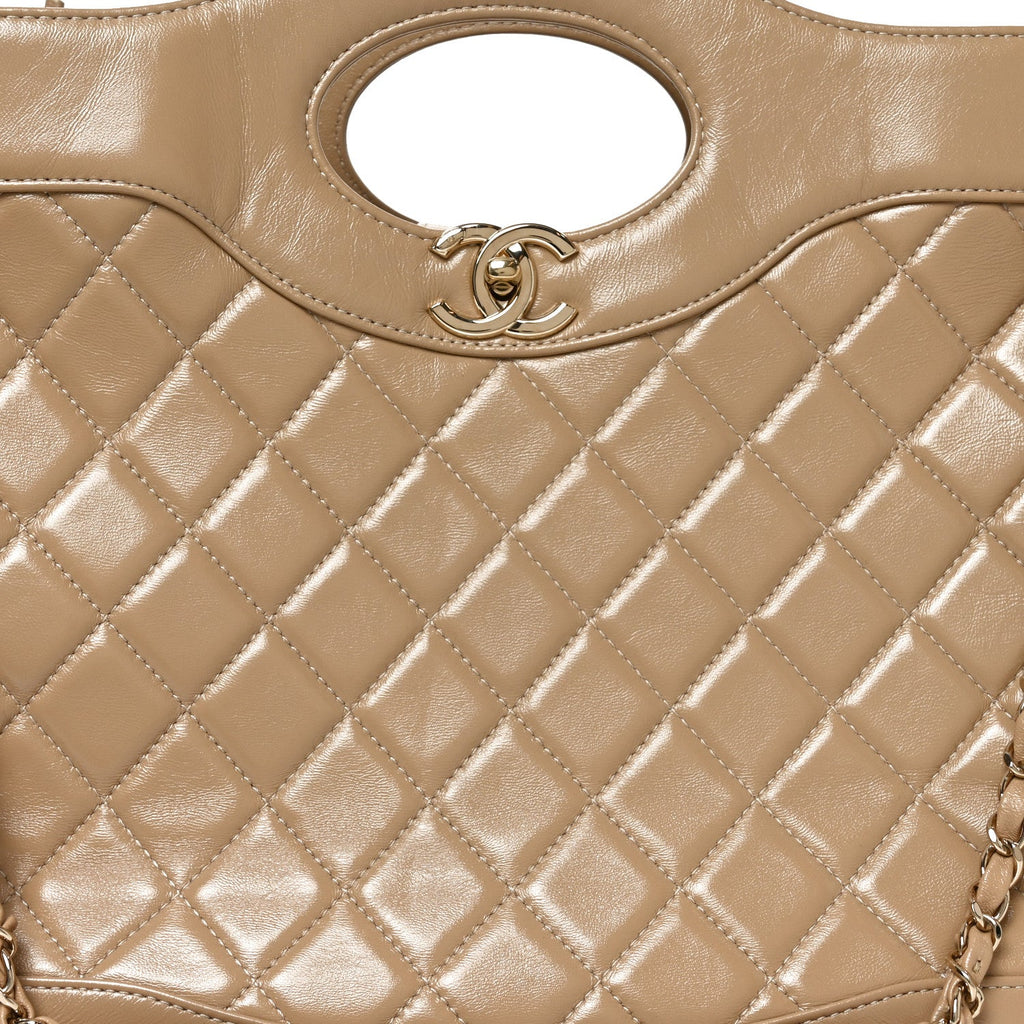 Shiny Crumpled Calfskin Quilted Large 31 Shopping Bag Beige