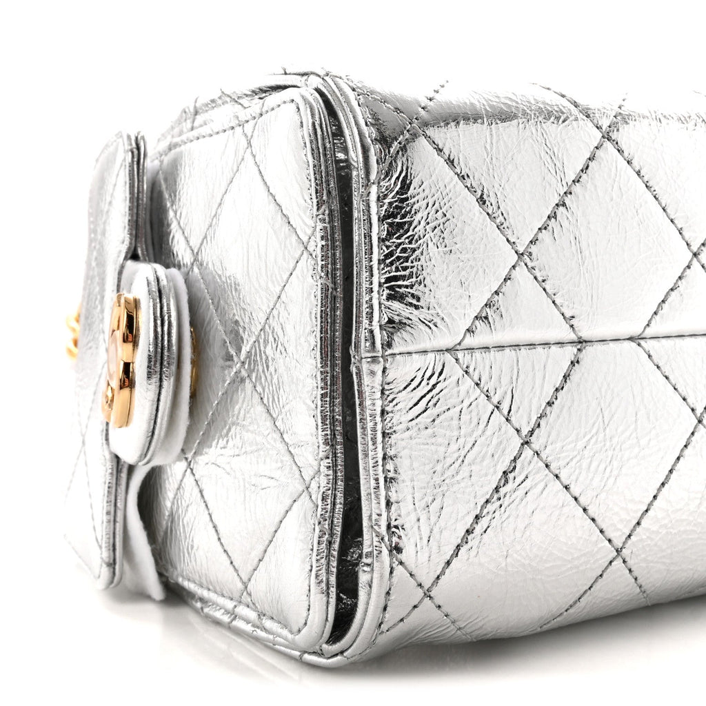 Metallic Aged Calfskin Quilted Mini Chanel 25 Handbag Silver