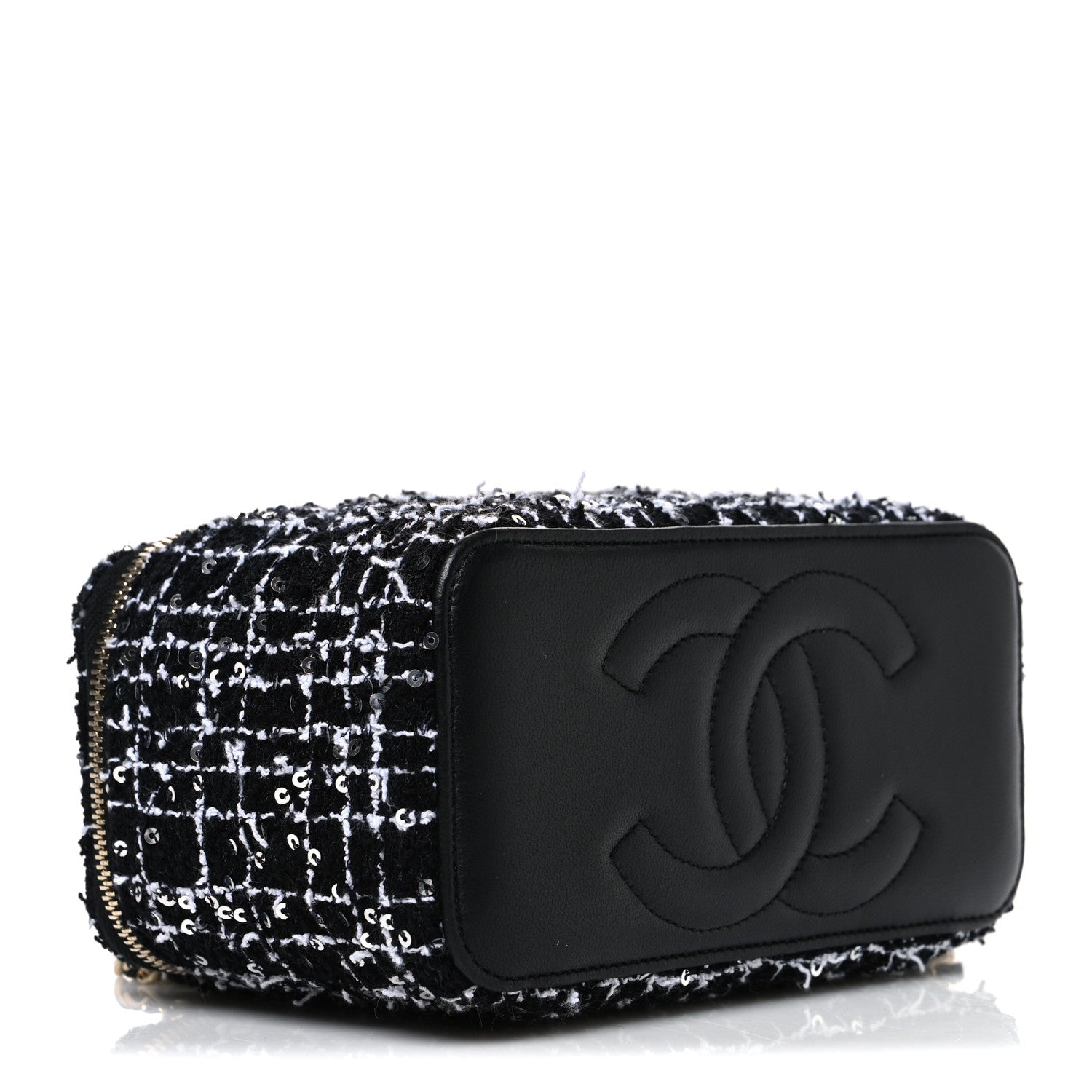 Tweed Sequin Small Top Handle Vanity Case With Chain Black White