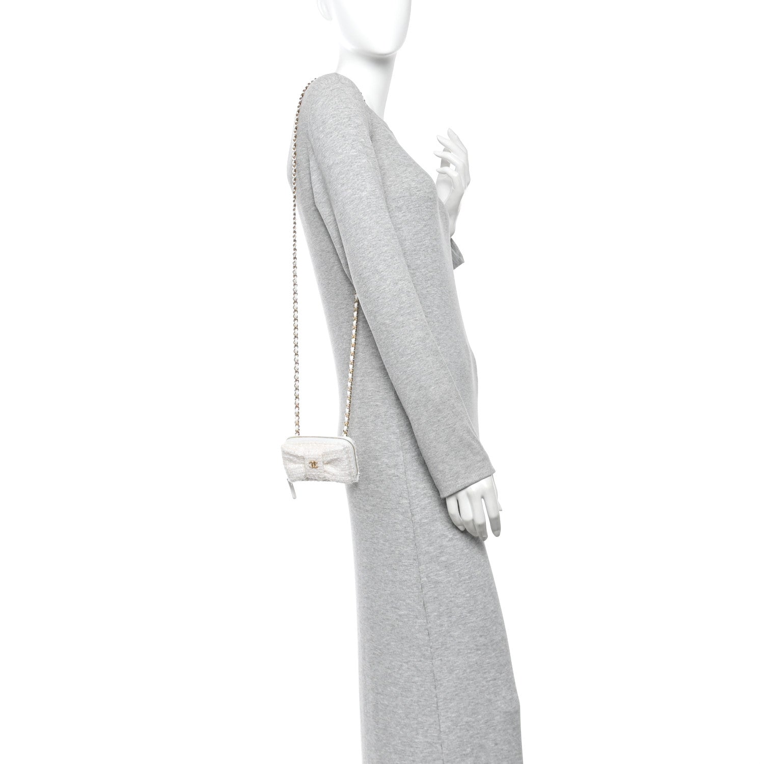 Tweed Quilted Bow Flap Card Holder On Chain White
