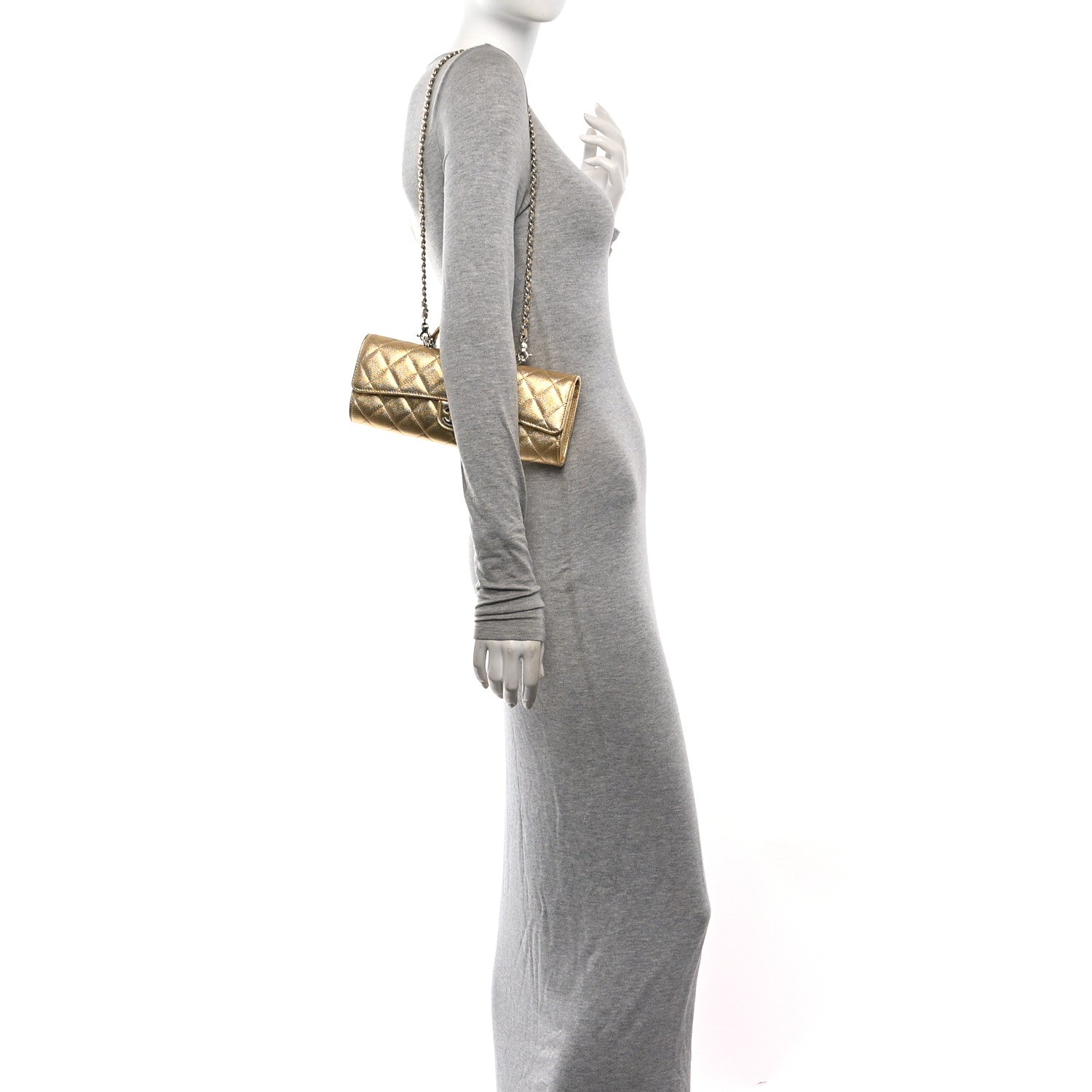 Metallic Caviar Quilted Top Handle Flap Clutch With Chain Gold