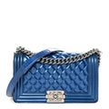 Metallic Patent Quilted Medium Boy Flap Blue