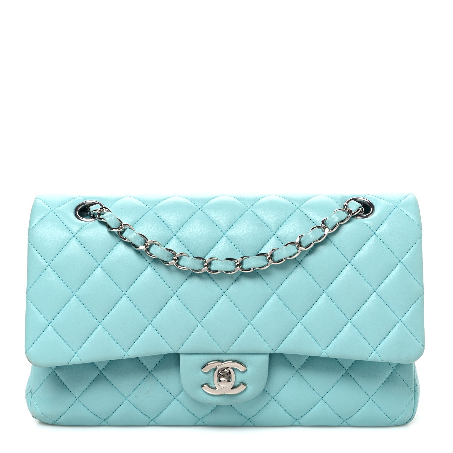 Lambskin Quilted Medium Double Flap Light Blue