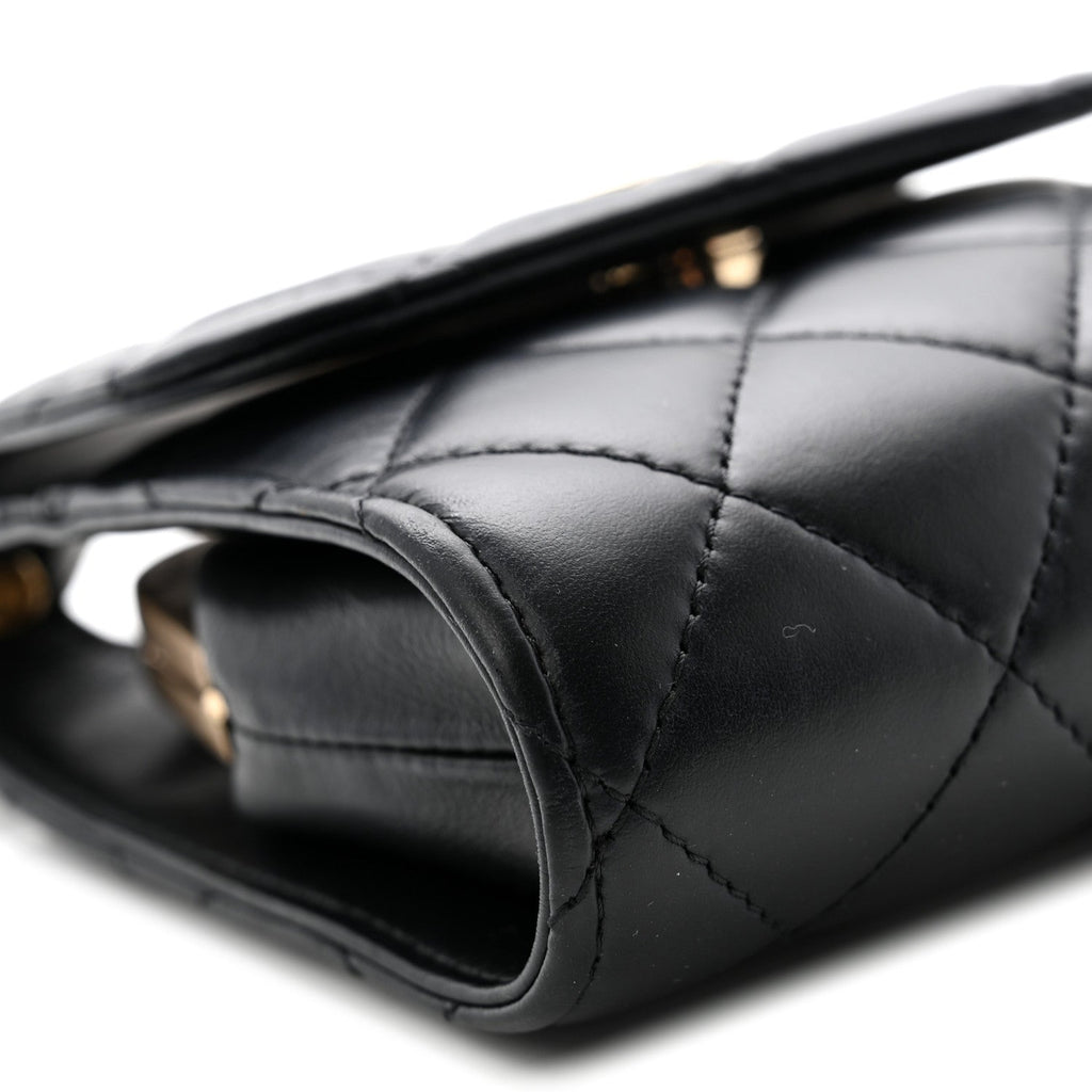 Lambskin Quilted Kiss Lock Top Handle Flap Clutch With Chain Black