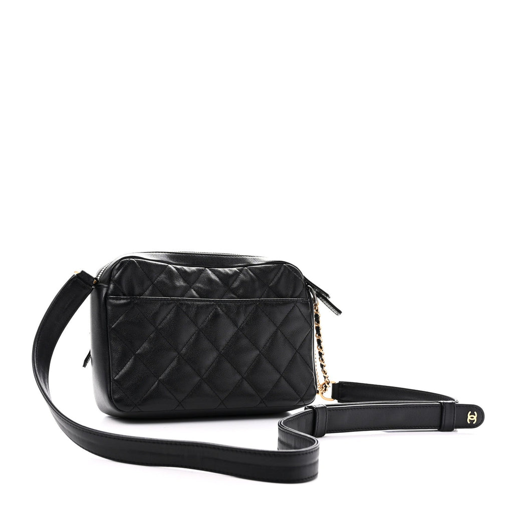 Calfskin Quilted Small Camera Case Black