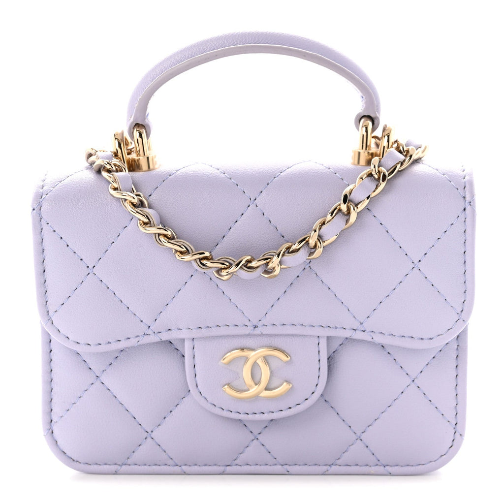 Lambskin Quilted Top Handle Flap Coin Purse With Chain Light Purple