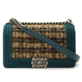 Chanel Velour Tweed Boy Chanel Chain Shoulder Bag Brown Multicolor/Green A67775