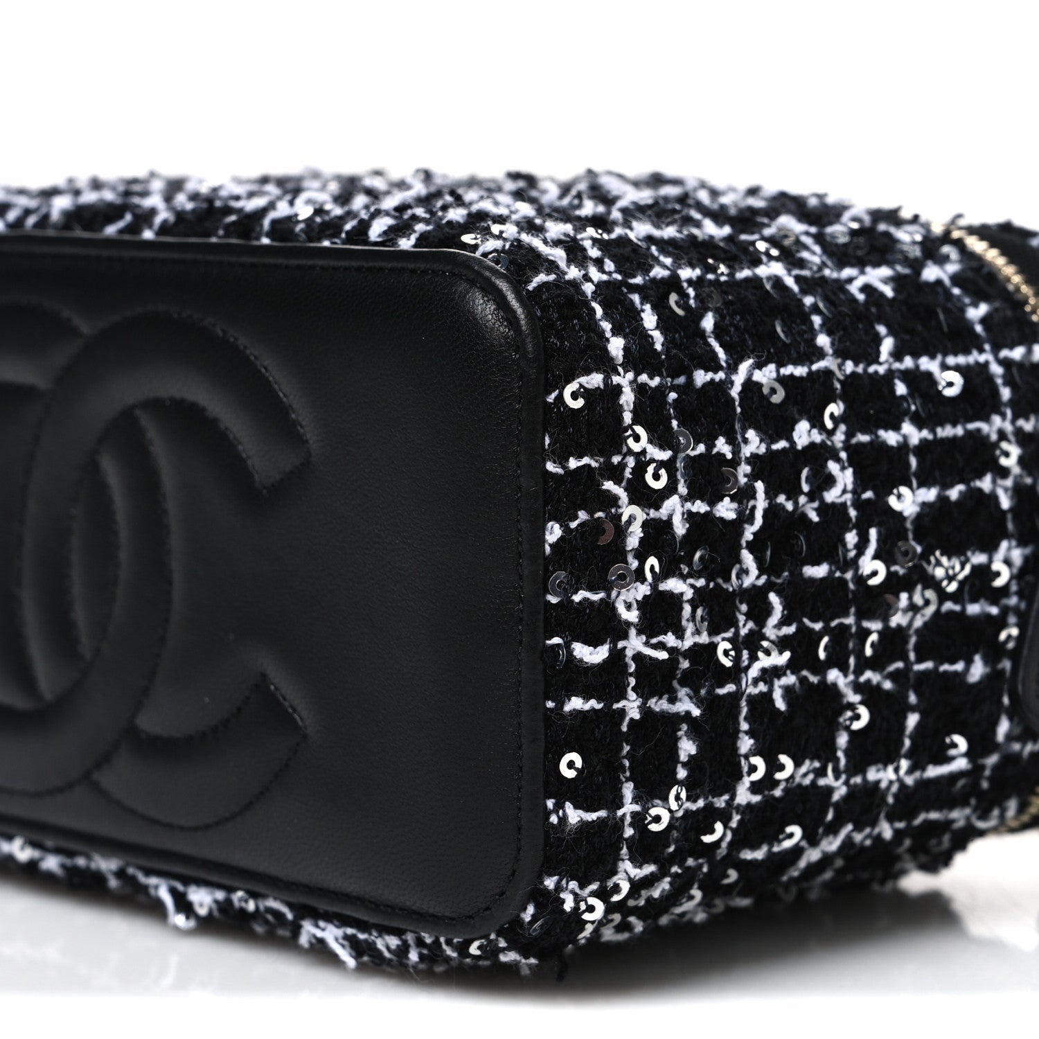 Tweed Sequin Small Top Handle Vanity Case With Chain Black White