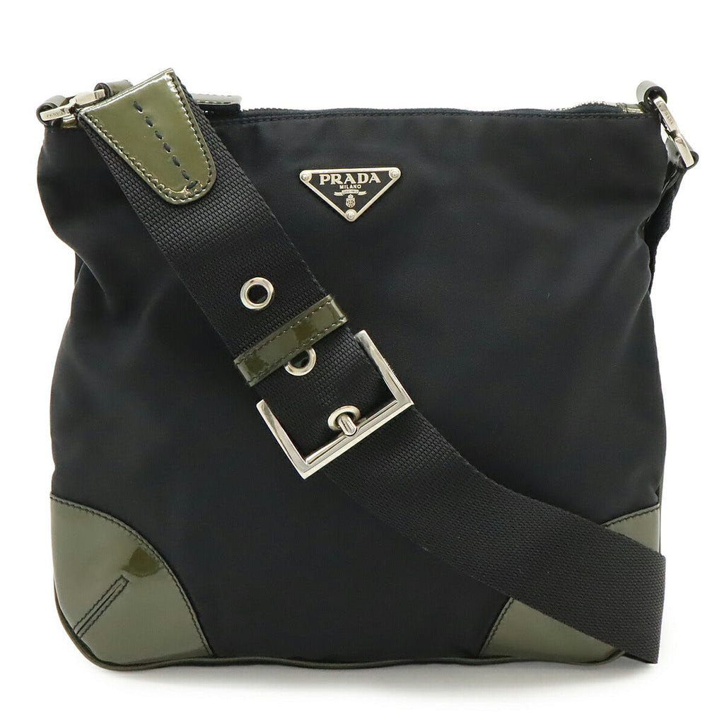 Prada Triangle Logo Nylon Patent Leather Shoulder Bag