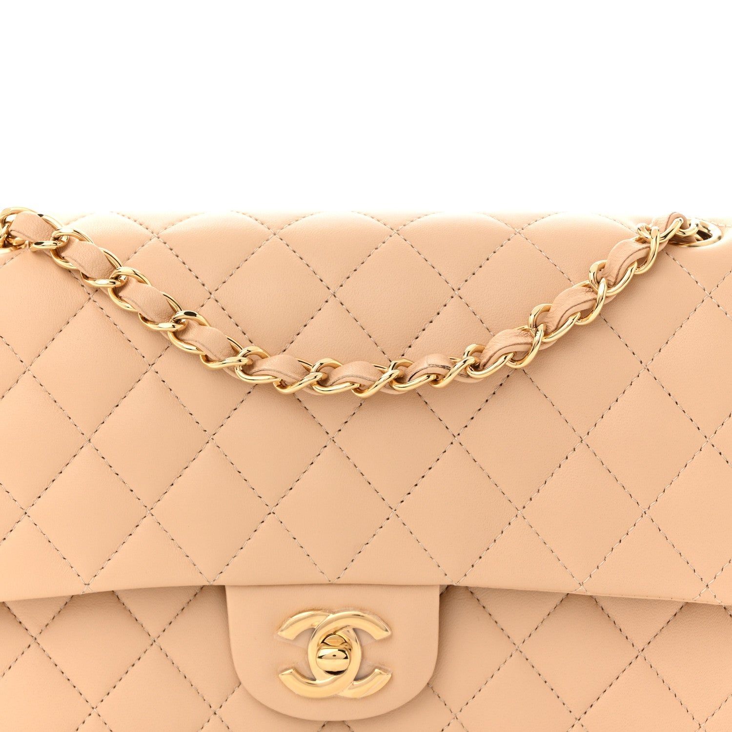 Lambskin Quilted Medium Double Flap Beige