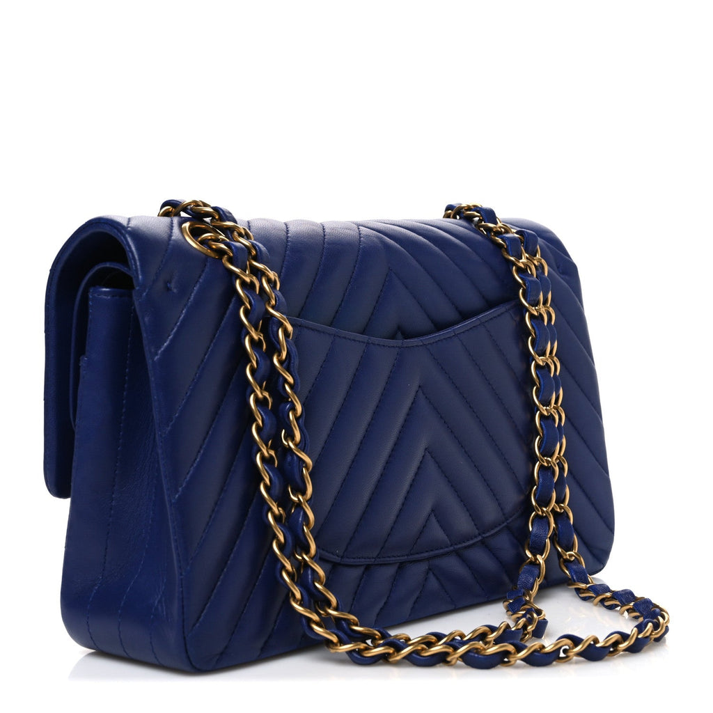 Lambskin Chevron Quilted Medium Double Flap Blue