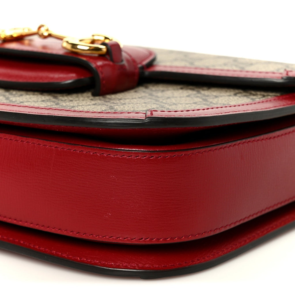 GG Supreme Monogram Azalea Calfskin Horsebit 1955 Shoulder Bag Beige Ebony New Cherry Red
