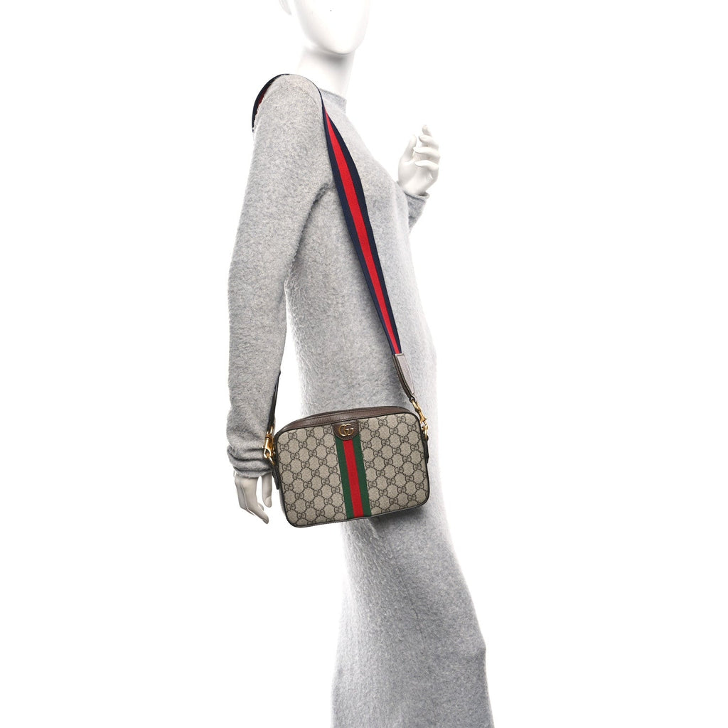 GG Supreme Monogram Textured Dollar Calfskin Web Ophidia Wristlet Shoulder Bag Beige Ebony New Acero