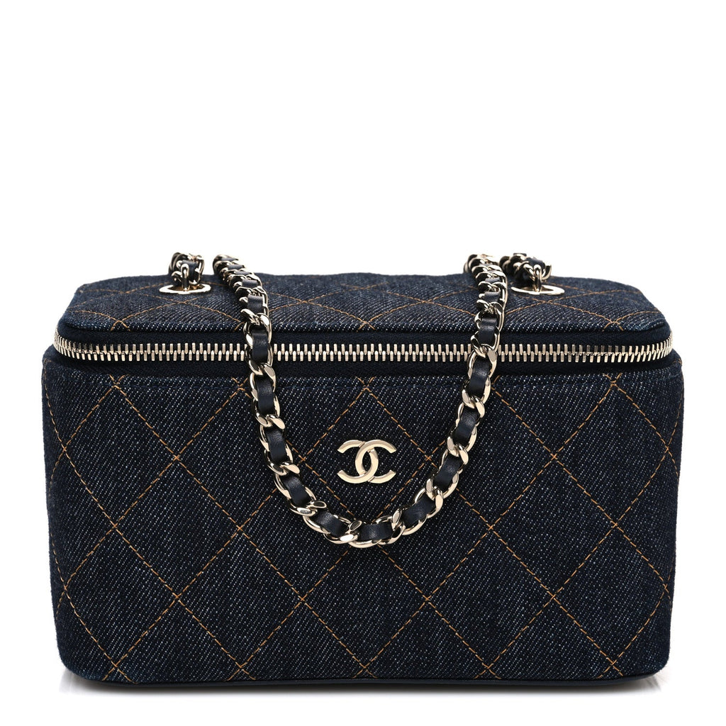 Denim Quilted Small Vanity Case With Chain Dark Blue Orange