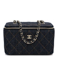 Denim Quilted Small Vanity Case With Chain Dark Blue Orange
