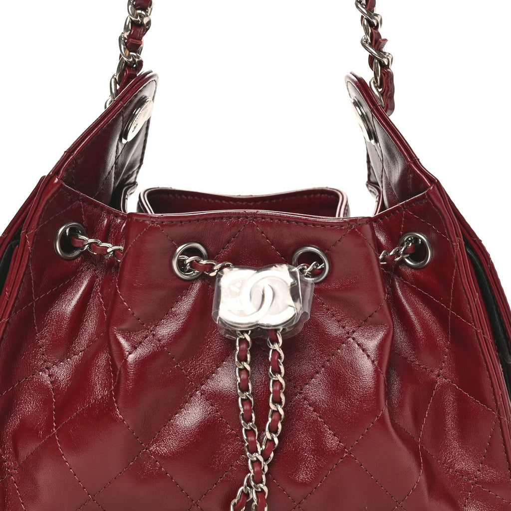 Shiny Crumpled Calfskin Quilted Mini Chanel 25 Handbag Dark Burgundy