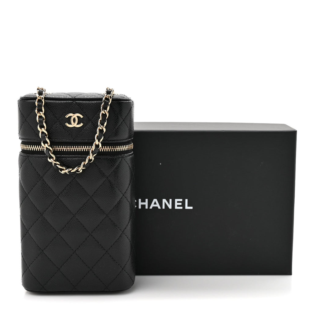 Caviar Quilted Phone Holder With Chain Black