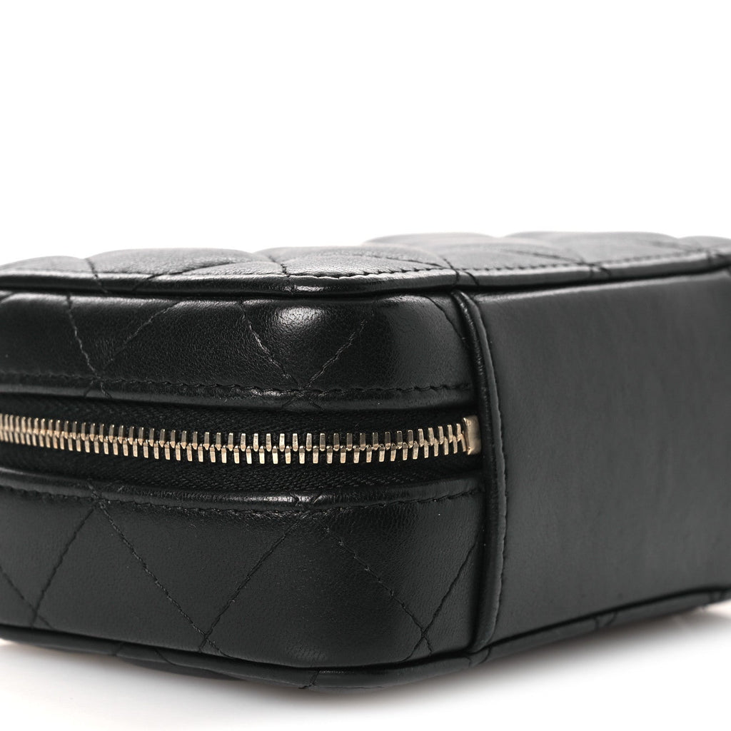 Lambskin Quilted Top Handle Mini Vanity Case Black