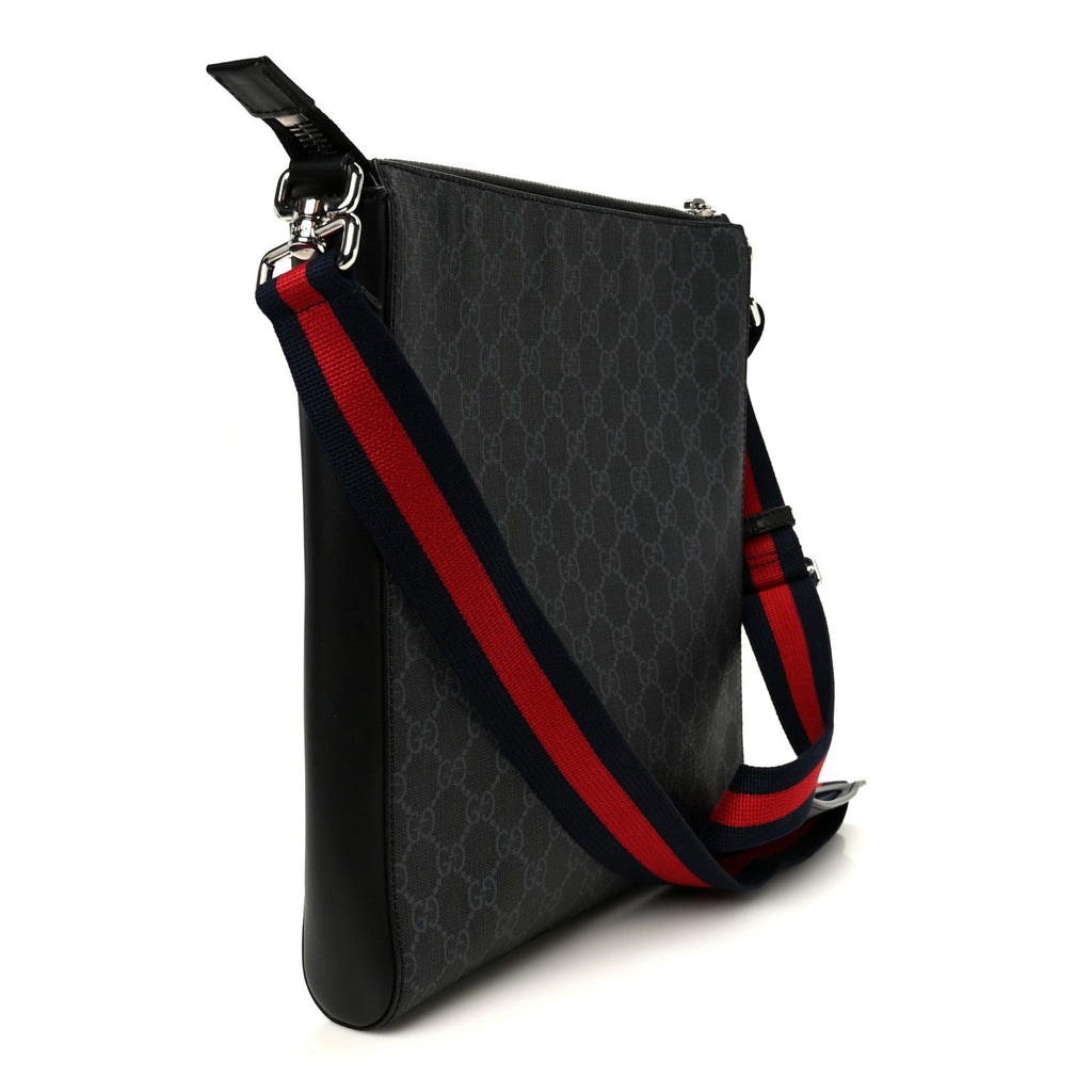 GG Supreme Monogram Appia Calfskin Web Flat Messenger Bag Black Grey Black Grey