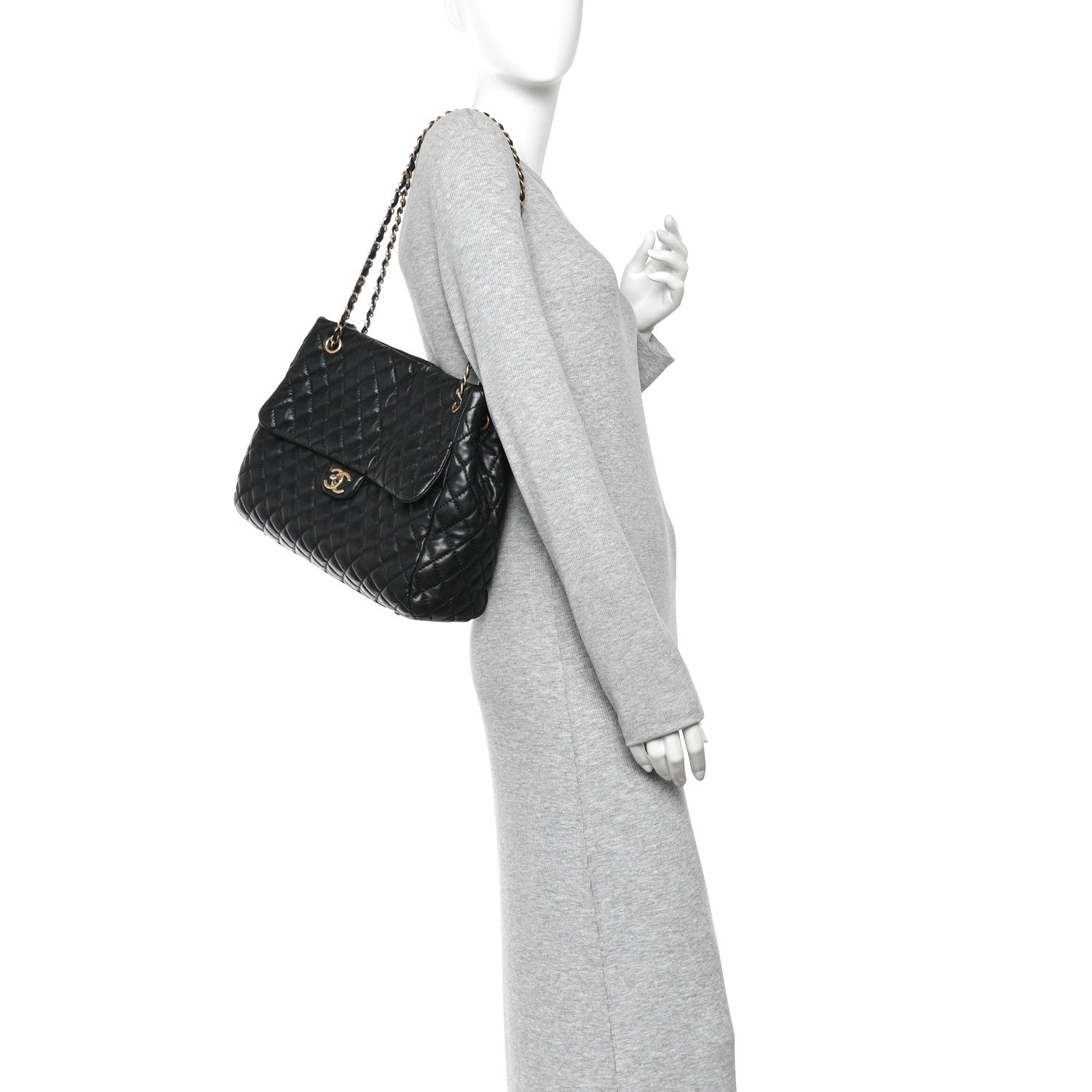 Lambskin Quilted Large Fluffy CC Shopping Tote Black