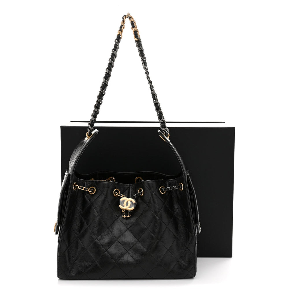 Shiny Crumpled Calfskin Quilted Small Chanel 25 Handbag Black
