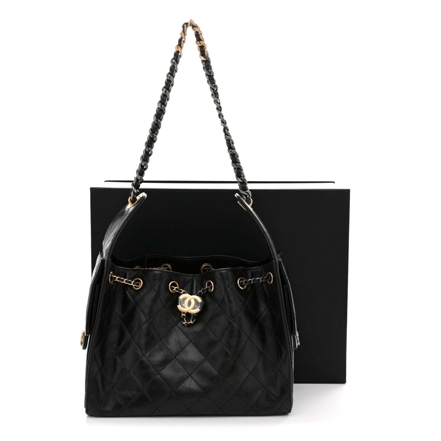 Shiny Crumpled Calfskin Quilted Small Chanel 25 Handbag Black