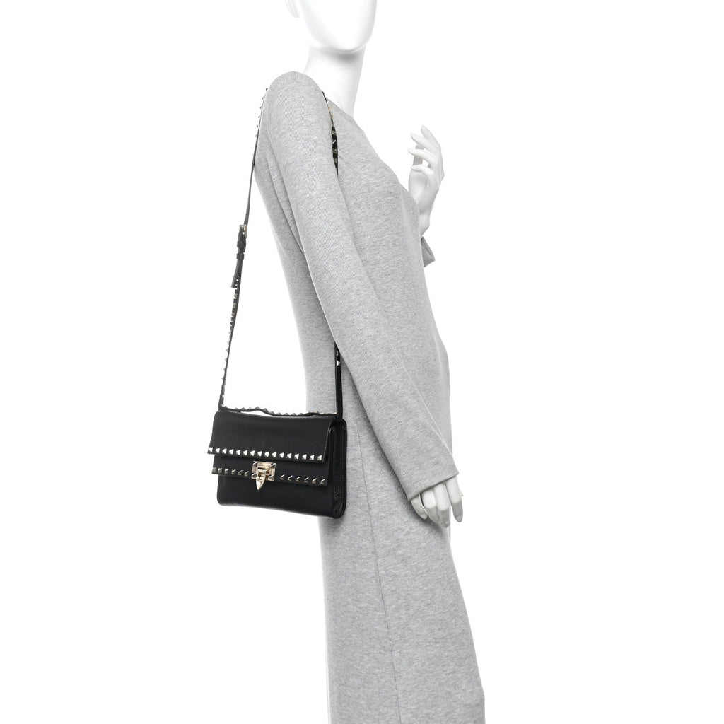 Pebbled Calfskin Rockstud Double Flap Crossbody Bag Black