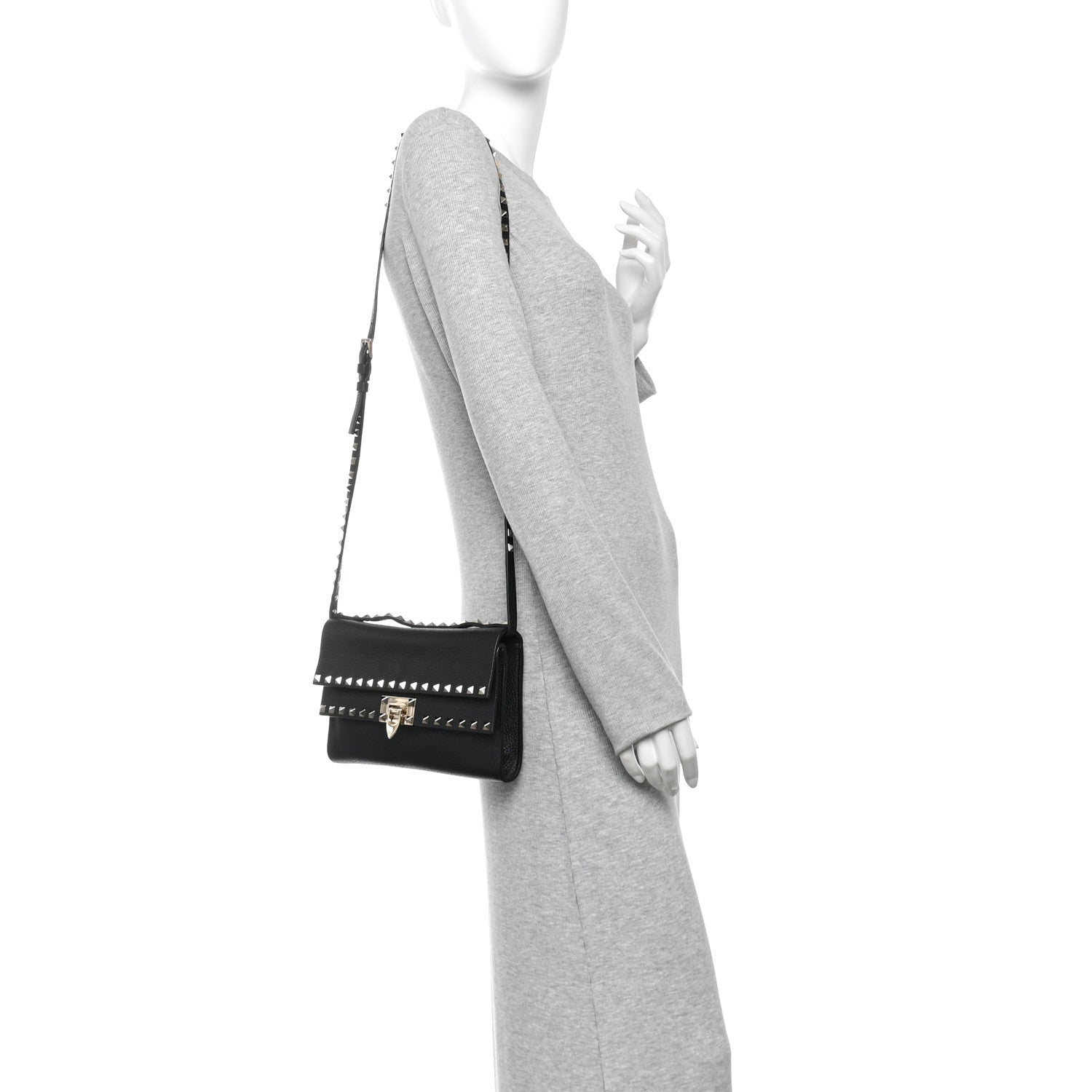 Pebbled Calfskin Rockstud Double Flap Crossbody Bag Black