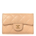 Caviar Quilted Flap Card Holder Wallet Beige