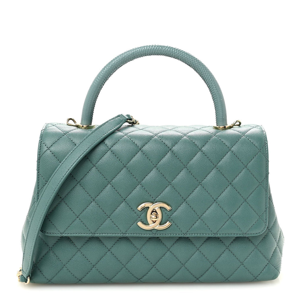 Caviar Quilted Lizard Embossed Small Coco Handle Flap Green