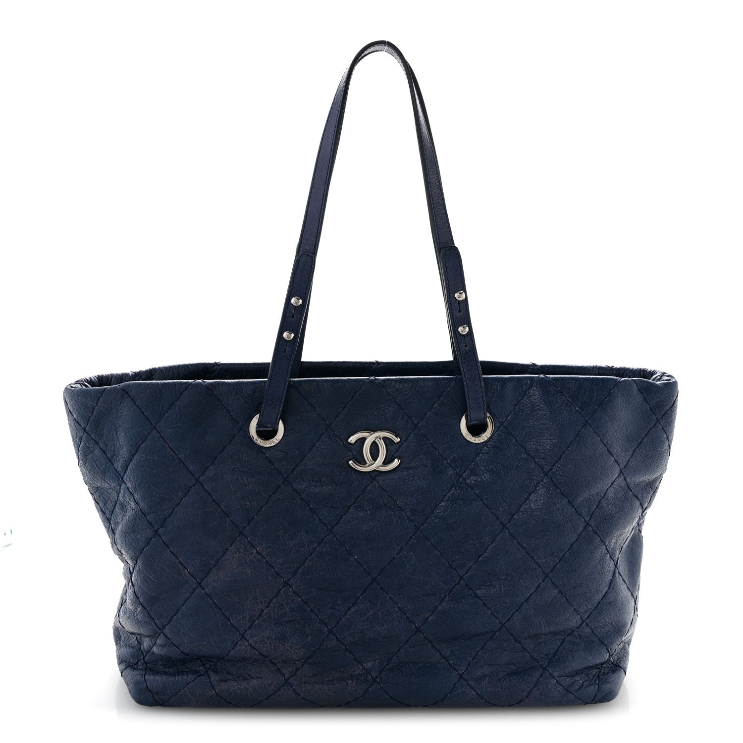 Glazed Calfskin Large On The Road Tote Dark Blue