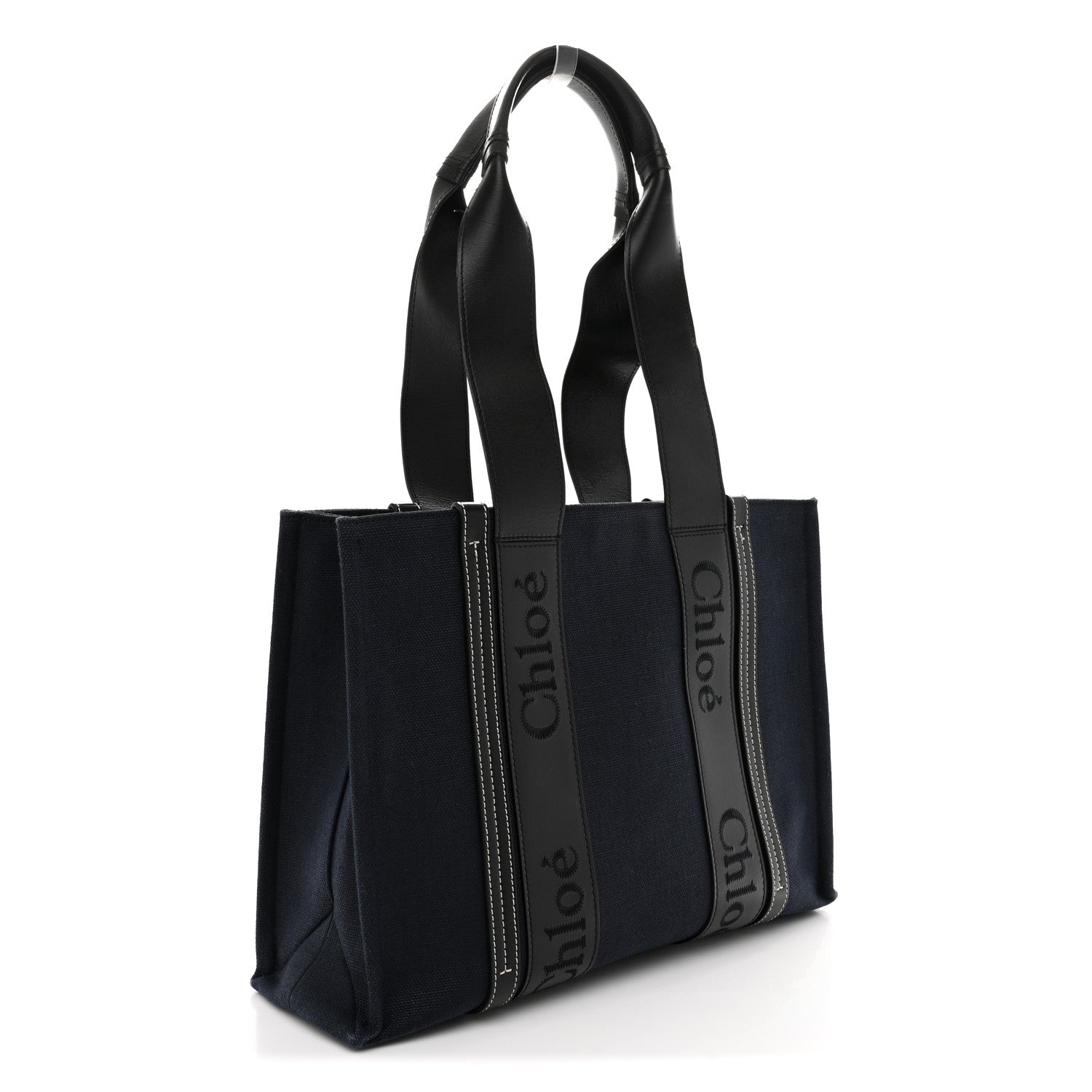 Cotton Shiny Calfskin Medium Woody Ribbon Tote Obscure Navy