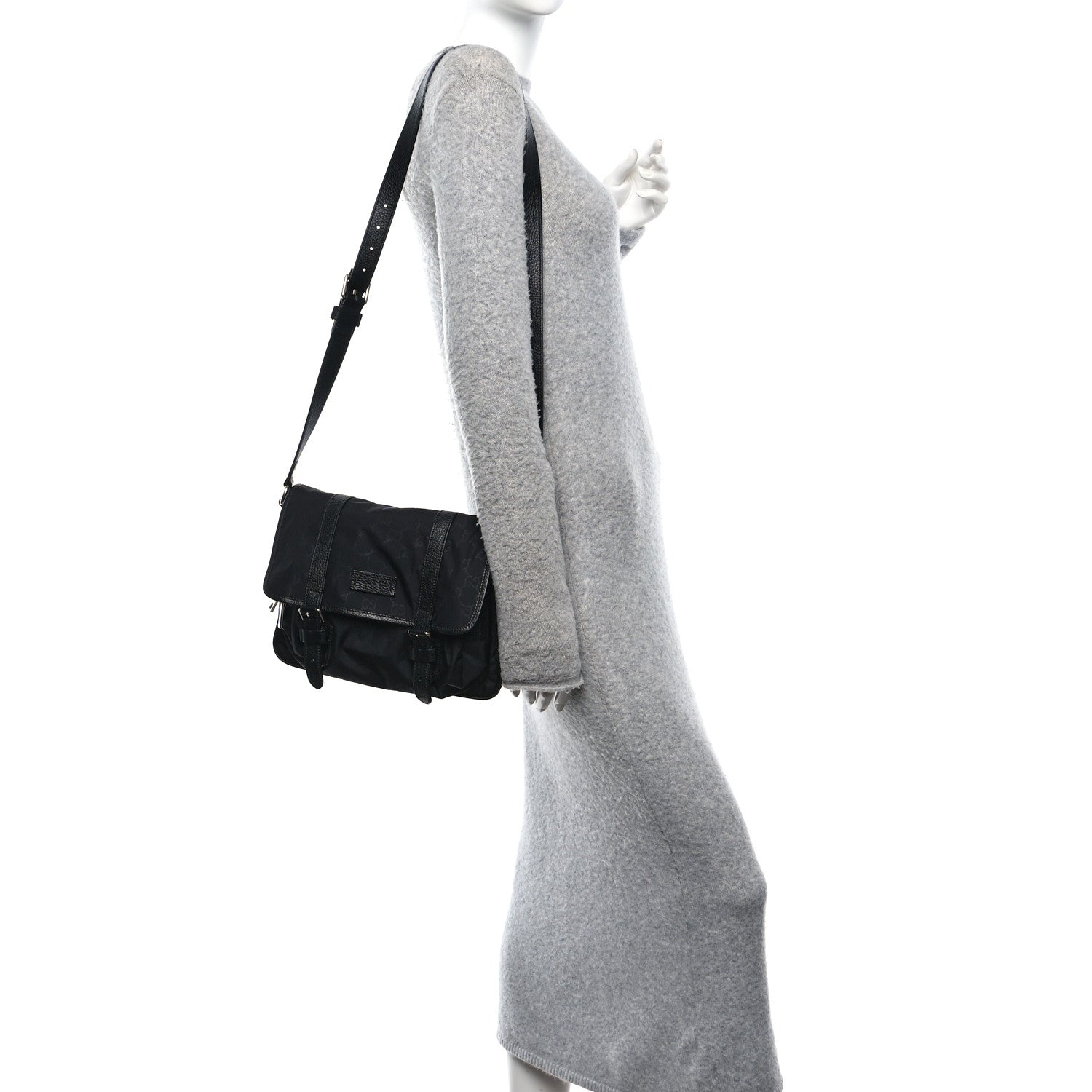 Nylon Monogram Double Buckle Flap Messenger Bag Black