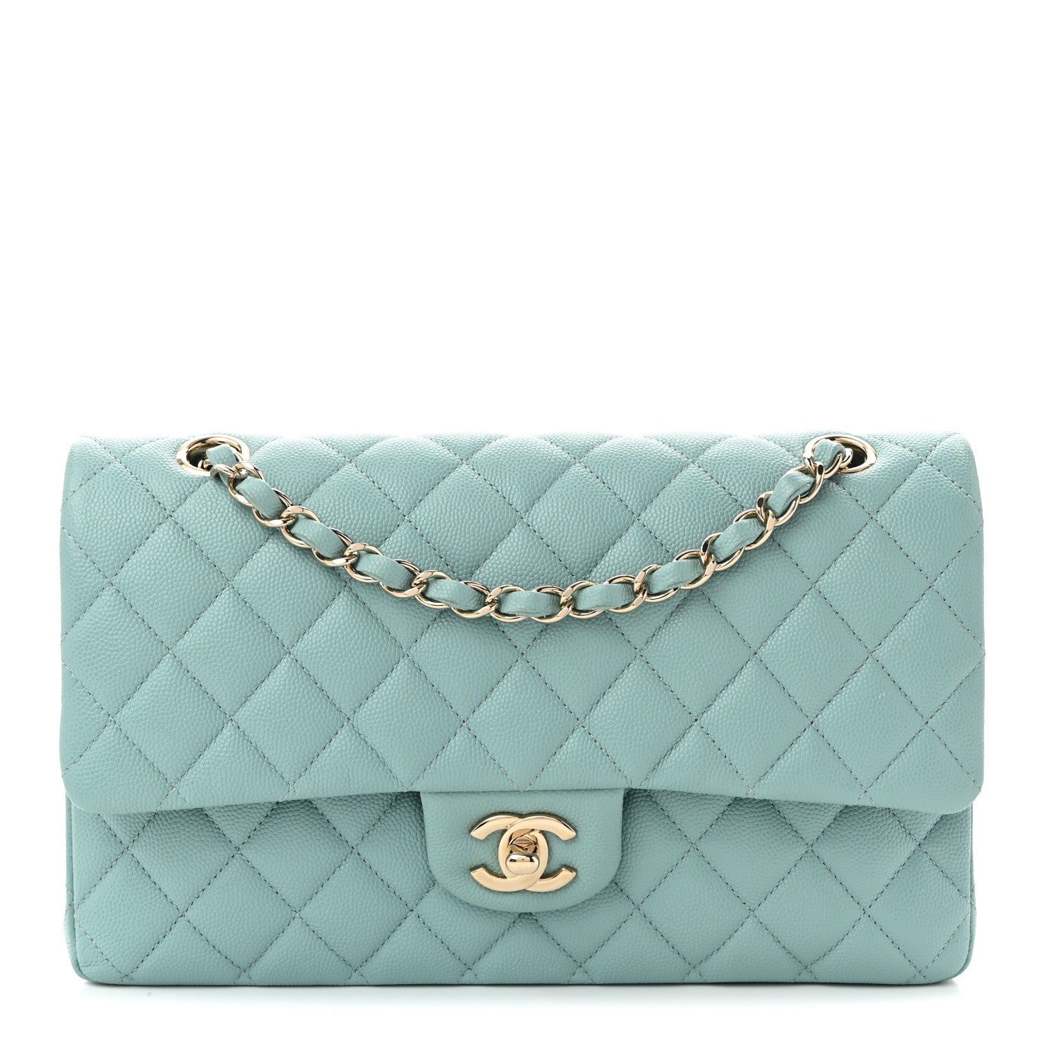 Caviar Quilted Medium Double Flap Light Blue Light Blue