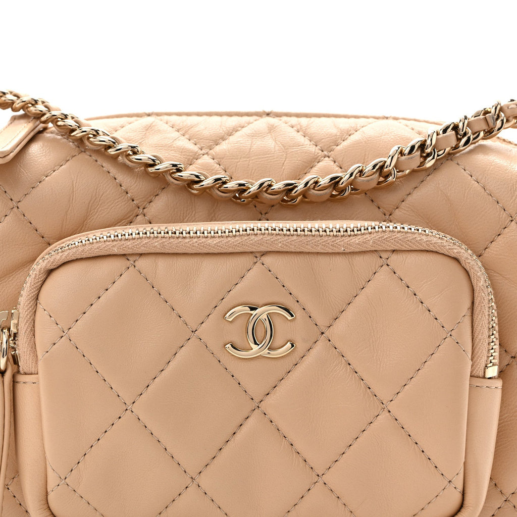 Shiny Crumpled Lambskin Quilted Small Preppy Pocket Camera Case Beige