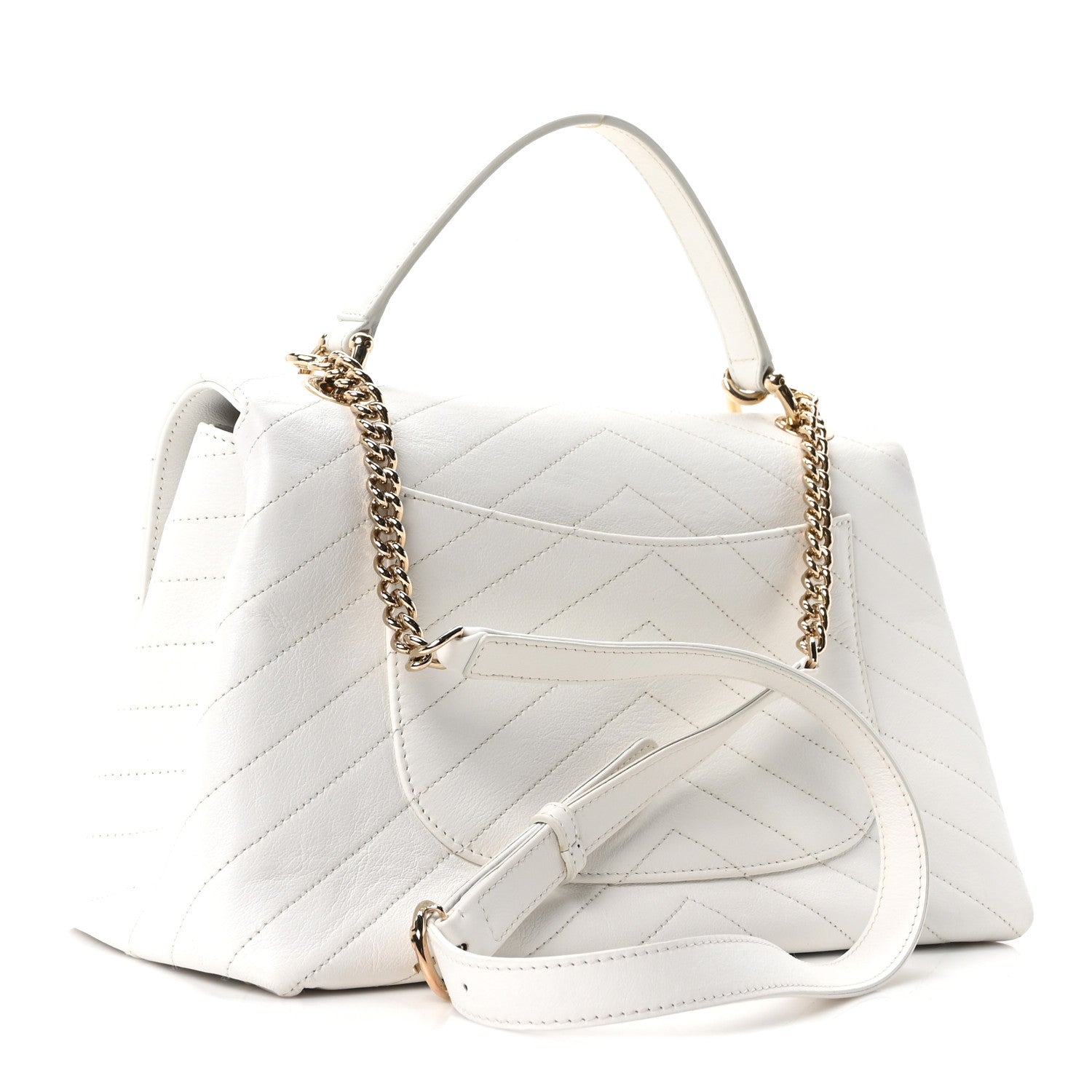 Grained Calfskin Stitched Medium Chevron Chic Top Handle Flap White