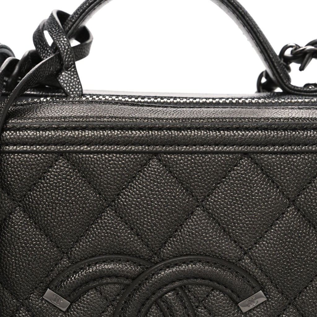 Metallic Caviar Quilted Medium CC Filigree Vanity Case Dark Silver