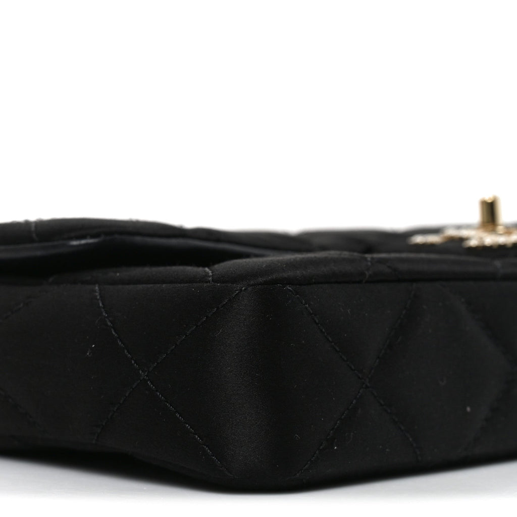 Satin Quilted Pearl CC Flap Clutch Black