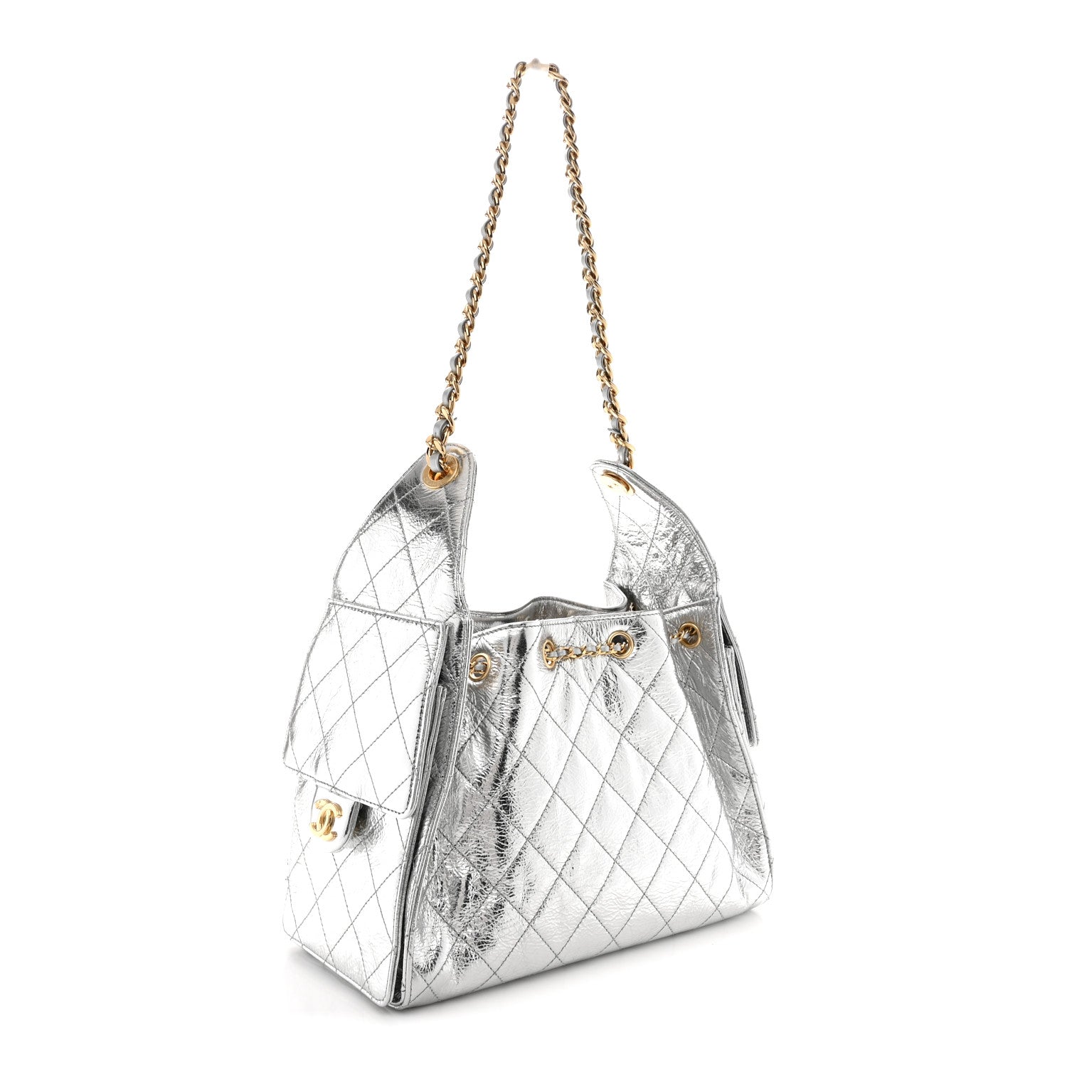 Metallic Crumpled Calfskin Quilted Small Chanel 25 Handbag Silvery