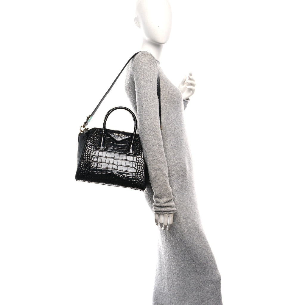 Calfskin Crocodile Embossed Small Antigona Black