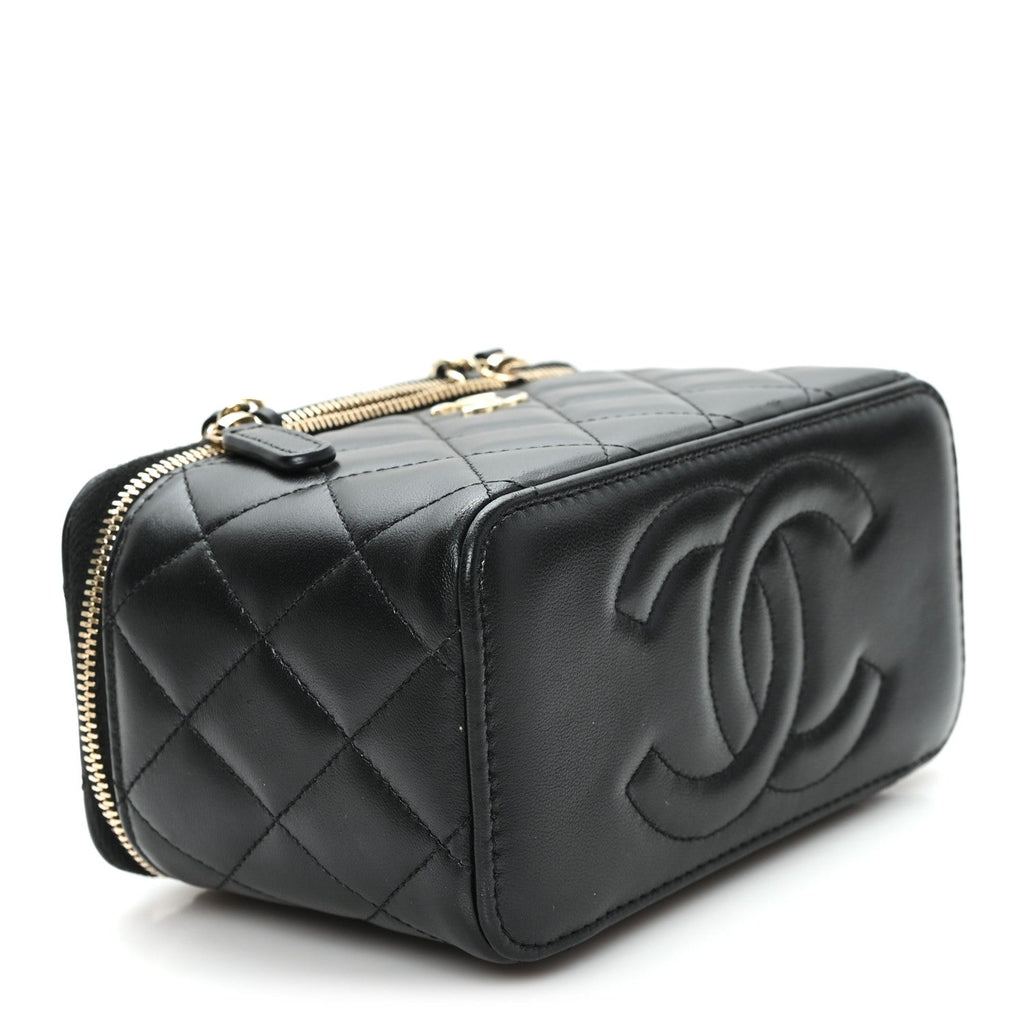 Lambskin Quilted Small Top Handle Vanity Case With Chain Black