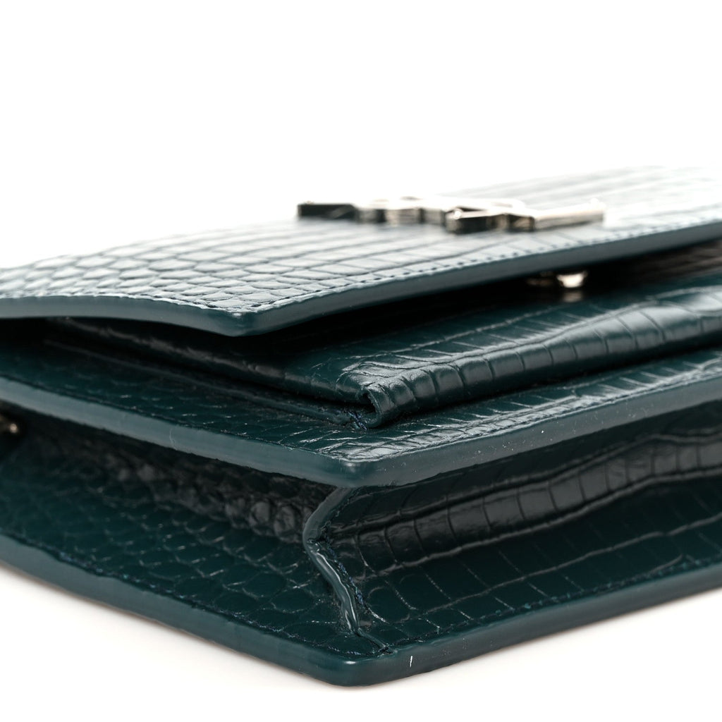 Calfskin Crocodile Embossed Monogram Sunset Chain Wallet Dark Turquoise