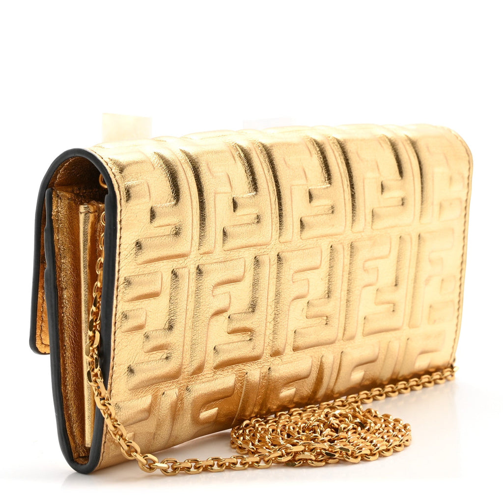 Vitello Catalan Mirror FF 1974 Embossed Continental Wallet on Chain Gold