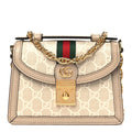 GG Supreme Monogram Textured Dollar Calfskin Web Mini Ophidia Padlock Top Handle Chain Shoulder Bag Beige Mystic White Oatmeal