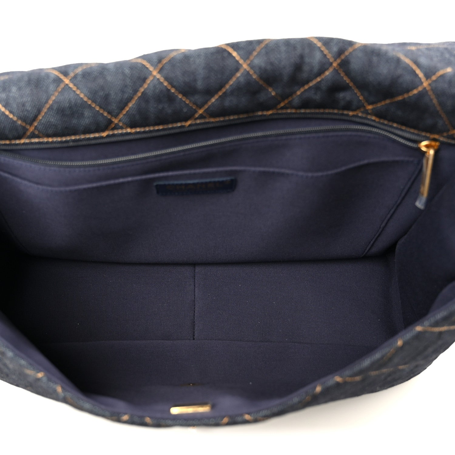 Denim Quilted XXL Travel Flap Bag Dark Blue Orange